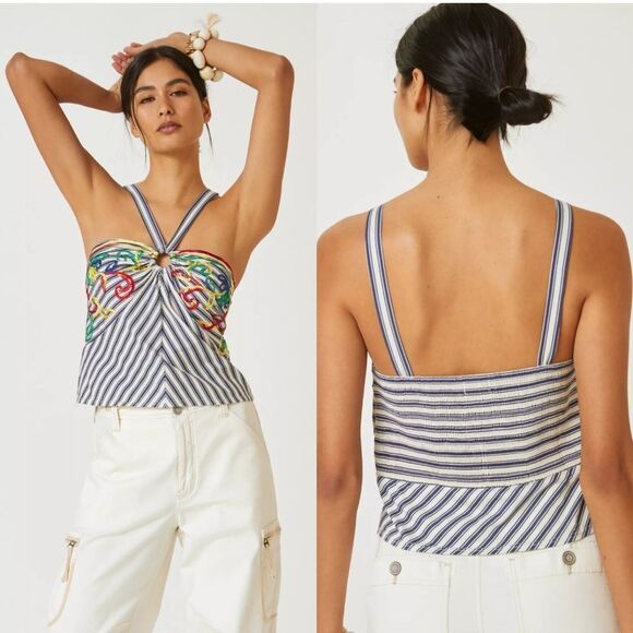 Anthropologie Tiny Avril Embroidered Striped Knit Halter Top Size Medium - Picture 5 of 11